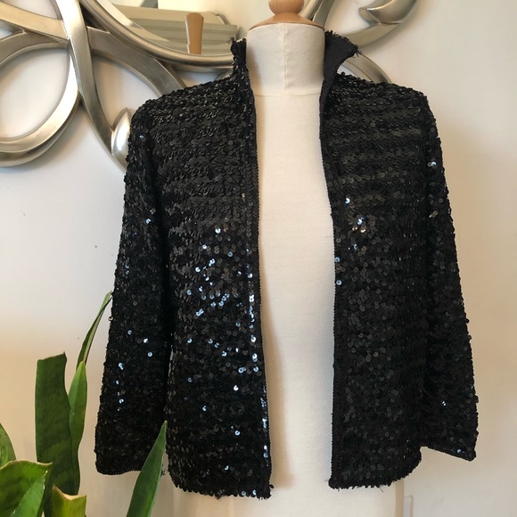Boukhara Vintage 80’s Black Sequins Open Front Jacket Small Christmas New Years - Picture 1 of 6
